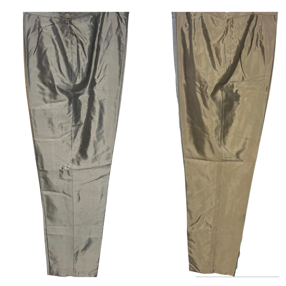 2 VTG Silkland Green 100% Silk Trousers Pants Luxury Gold & Champagne Grey Sz 16
